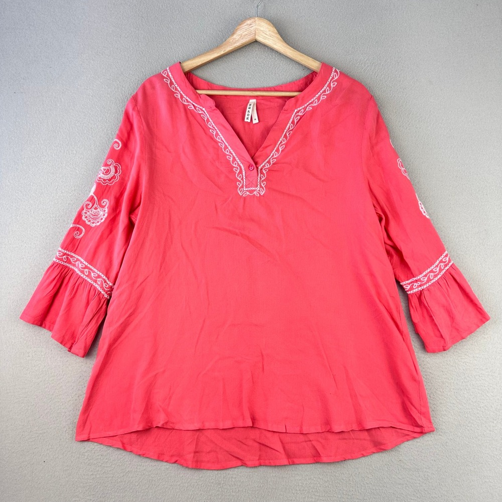 Roper Embroidered V-Neck Blouse Women Medium Coral Pink Boho Bell Sleeve Top